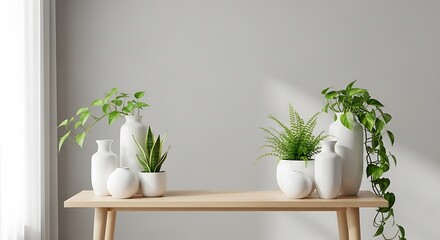 Serene indoor display of potted plants and white vases on a light wood table