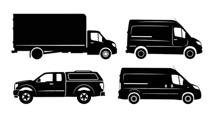Fototapeta premium Collection of black silhouette delivery trucks vans pickup trucks and cargo vehicles for transport logistics vector