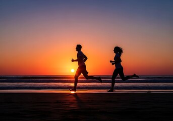 Silhouetted couple jogging on a serene beach during a vibrant and picturesque sunset offering a sense of peace