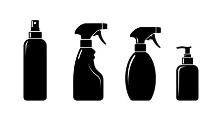 Set of four black silhouette spray bottles and dispenser for cleaning products and cosmetics isolated. vector