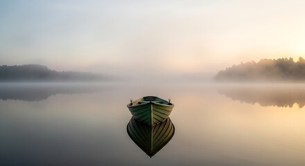 Serene Dawn: Rowboat on Misty Lake Reflecting Sunrise