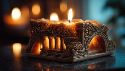 Ornate candle holder, warm glow