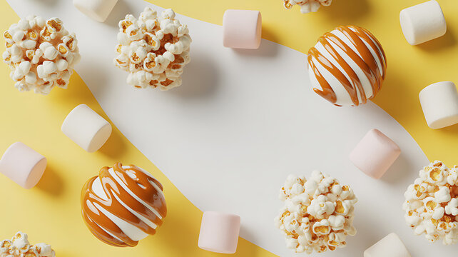 Assorted popcorn, marshmallows, and caramel-coated treats arranged on a yellow and white background