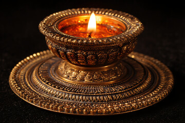 Warm glow of a decorative ornate golden oil lamp casting peaceful, inviting ambiance for spiritual or cultural moments