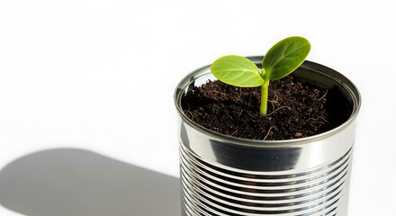 Seedling in a recycled tin can, bright green leaves against a stark white background