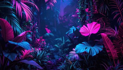 Neon jungle scene with vibrant foliage