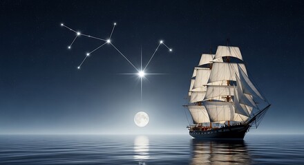 Sailing ship under starry night sky with constellation and full moon reflection