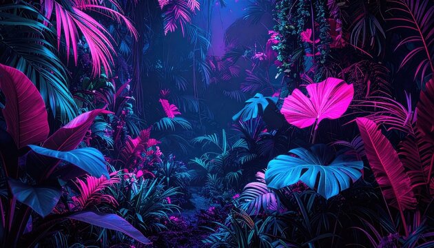 Neon jungle scene with vibrant foliage