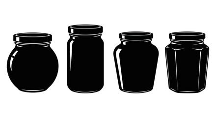 Four distinct glass jars filled with dark contents presented on a vector