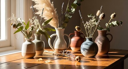 Rustic Floral Arrangement in Sunlight: Vases with Dried Flowers on Wooden Table