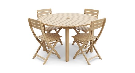 Round Wooden Table with Four Folding Chairs on a White Background