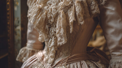 Obraz premium Elegant vintage dress adorned with intricate lace details displayed in a softly lit indoor setting, highlighting the textures and craftsmanship of the garment.