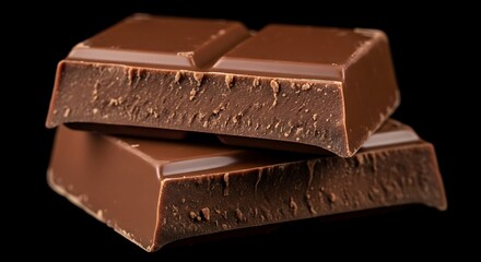 Rich Dark Chocolate Pieces Stacked Against Black Background