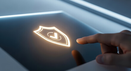 Hand reaching towards illuminated shield icon on a sleek touchscreen interface, symbolizing digital security and protection in modern technology and innovation