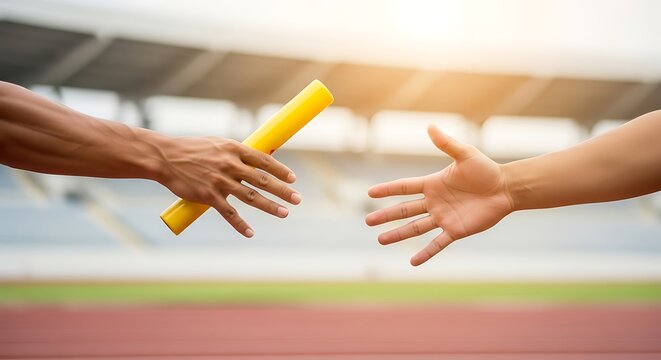 Relay Race Baton Pass: Close-Up of Hands and Yellow Baton on Track