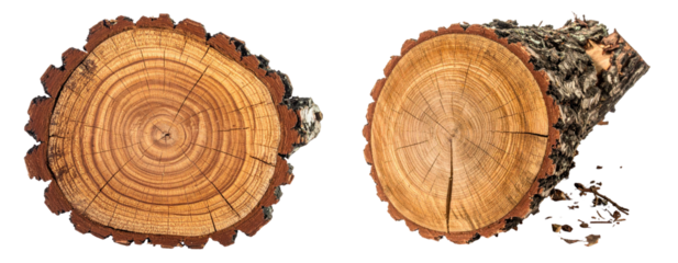 Detailed Cross Section Of Wooden Trunk Showing Growth Rings and Texture against White Background in a Nature Setting