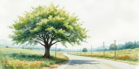 Impressionistic Green Tree Along the Roadside  A Fluid and Expressive Landscape Painting
