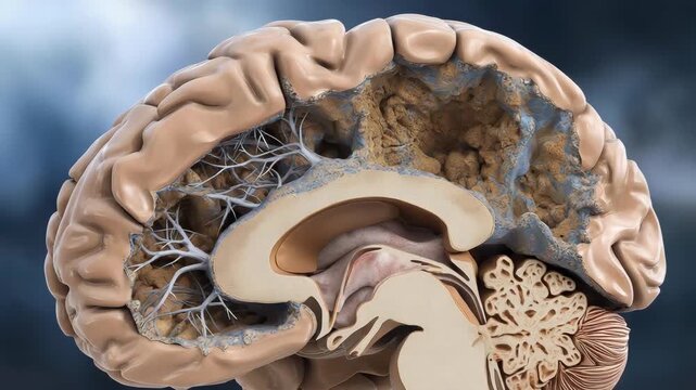 A brain with a hole in it. The brain is brown. Closeup realistic illustration of rotten brain cross section showing tissue degeneration and neuron decay, medical clean style