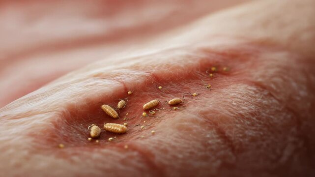 A person's arm has a rash with small bugs on it. Closeup realistic medical illustration of a myiasis wound showing small maggots inside human skin lesion, Myiasis clinical clean style