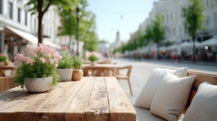 Outdoor Cafe Setting with Wooden Table Pink Flowers and White Cushions on Sunny Street Blur Background