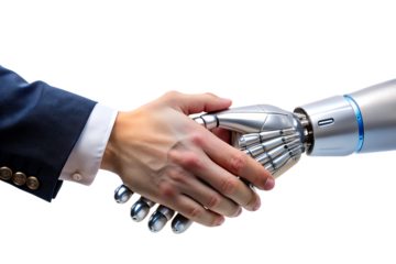 Human Hand Shaking a Robot Hand handshake technology cutout png isolated on a transparent background