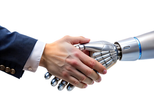 Human Hand Shaking a Robot Hand handshake technology cutout png isolated on a transparent background