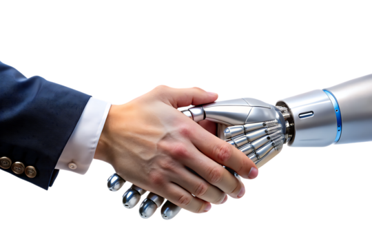 Human Hand Shaking a Robot Hand handshake technology cutout png isolated on a transparent background
