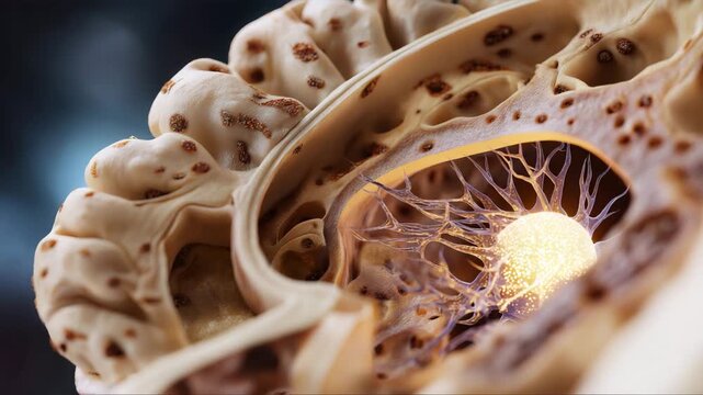 A brain with a small blue and white object inside. The object is a cell. Closeup realistic illustration of rotten brain cross section showing tissue degeneration and neuron decay, medical clean style