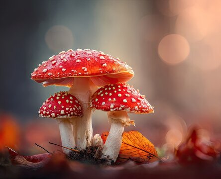 Close-up of three vibrant red toadstools with white spots, nestled amidst autumn leaves, soft bokeh background - Powered by Adobe