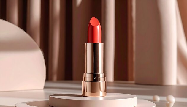 Luxurious coral lipstick on a podium