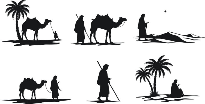 Arabian desert nomad silhouette illustration, camel caravan journey vector, oasis palm tree landscape, people walking sand dunes, traditional cultural art