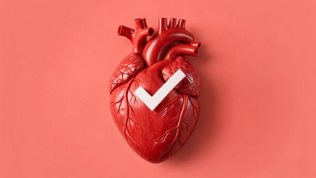 Healthy Heart Check: A vibrant anatomical model of the human heart, marked with a definitive check, rests against a striking background.