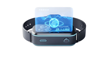 Smartwatch displaying holographic data isolated on white background, representing wearable technology and futuristic communication interface