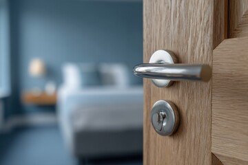 Door handle on a wooden door, bedroom in background