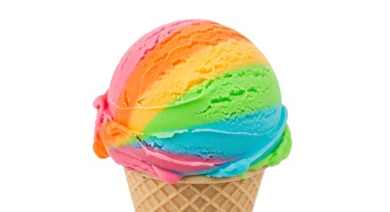 Rainbow sherbet ice cream scoop on a cone, isolated on white background