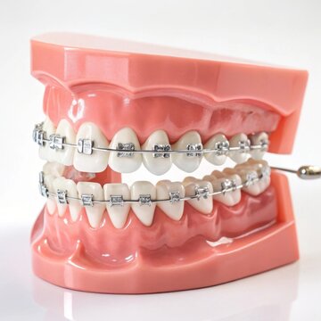 Dentition with self-ligating steel dental braces isolated on white background