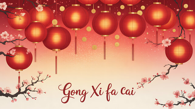 Chinese New Year greeting card with red lanterns and cherry blossoms, featuring 'Gong Xi fa cai' text
