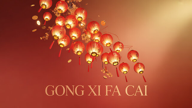Red lanterns floating against a warm gradient background with 'Gong Xi Fa Cai' text, celebrating Chinese New Year.