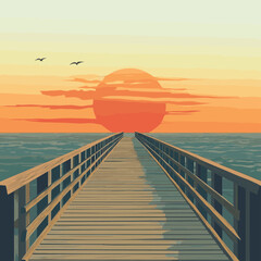 Golden Hour Serenity Awaits at the End of the Ocean Pier , vector style simple color