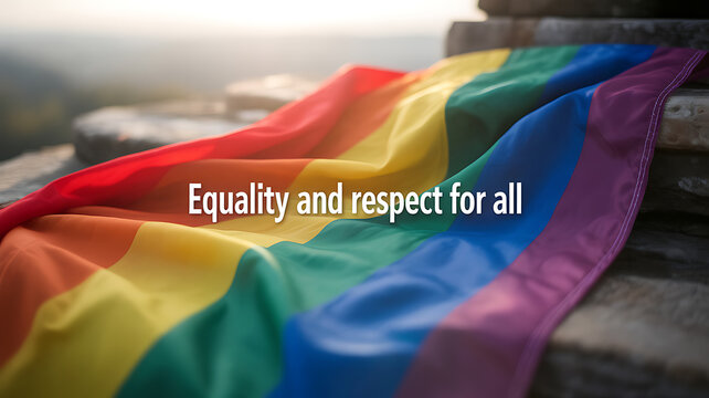 Rainbow flag draped over stone steps with text 'Equality and respect for all' in a scenic outdoor setting