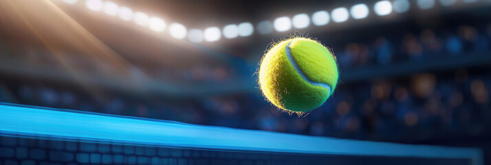 Dynamic flying golf ball creative abstract commercial background with blue light trails effects low angle close-up shot open stadium grass field for professional sports book cover design and marketing