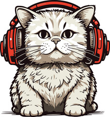 Cartoon vector illustration of a cute cat , black and white drawing of a funny feline pet animal