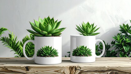 Two white mugs with succulent plants