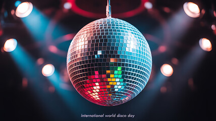 A shimmering disco ball reflects colorful lights in a darkened venue, celebrating International World Disco Day.