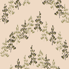 Hand drawn flower trees arranged in a chevron pattern forming botanical hills in shades of green on a cream background. Floral seamless vector pattern. Great for home decor, fabric, wallpaper, gifts.