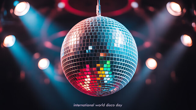 A shimmering disco ball reflects colorful lights in a darkened venue, celebrating International World Disco Day.