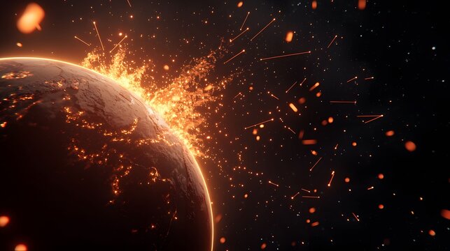 The image shows an exploding planet in space, with fiery particles and trails surrounding it against a backdrop of stars, conveying a sense of cosmic destruction.