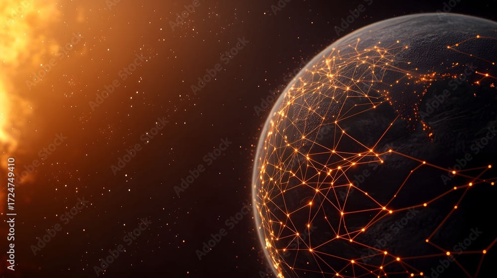 Aufkleber a digital earth glows with interconnected networks, illuminated by a distant sun, set against a back