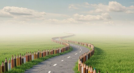 Obraz premium A winding road through a vibrant green field, lined with colorful pencils, leading towards the horizon.