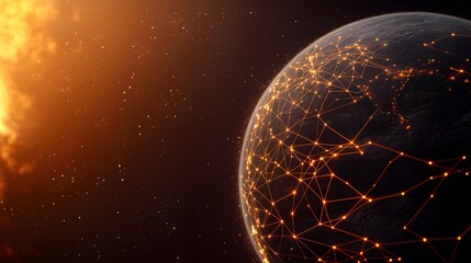 Obraz premium A digital Earth glows with interconnected networks, illuminated by a distant sun, set against a backdrop of cosmic dust and nebulae in a stunning visual representation.